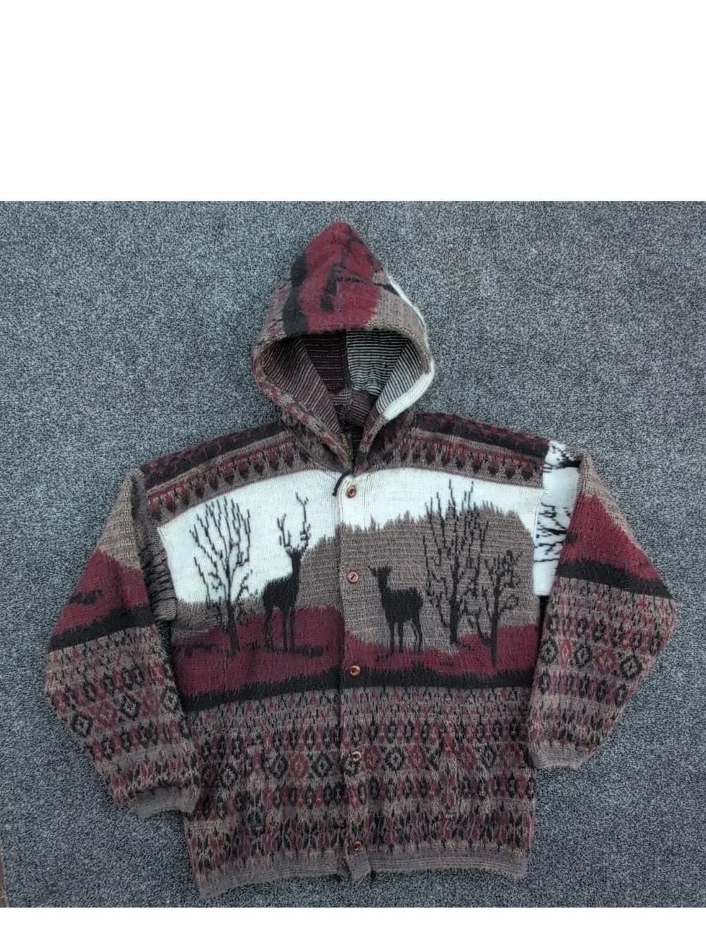Ruminahui Cardigan Sweater Mens Large Alpaca Wool Stag Pattern Hooded Oversized